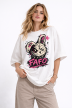  Model front pose wearing oversized white graphic streetwear t shirt punk rabbit graffiti design urban streetwear outfit