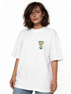 female model front view wearing oversized white graphic streetwear t shirt roll with me sushi graphic urban streetwear outfit