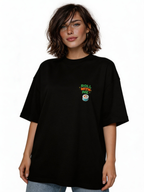female model front view wearing oversized black graphic streetwear t shirt roll with me sushi design streetwear fashion