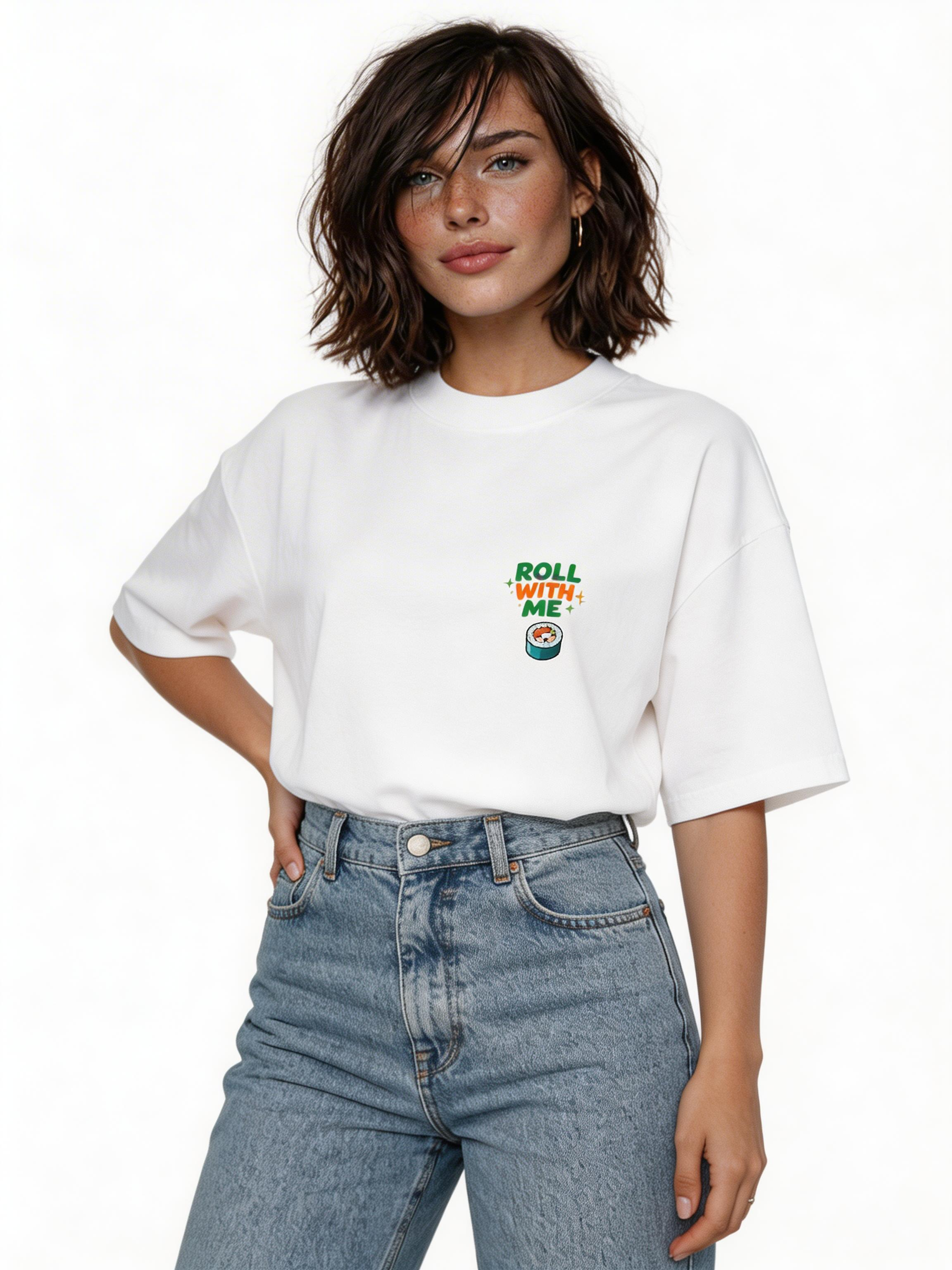 female model lifestyle pose wearing oversized white graphic streetwear t shirt roll with me sushi graphic streetwear outfit