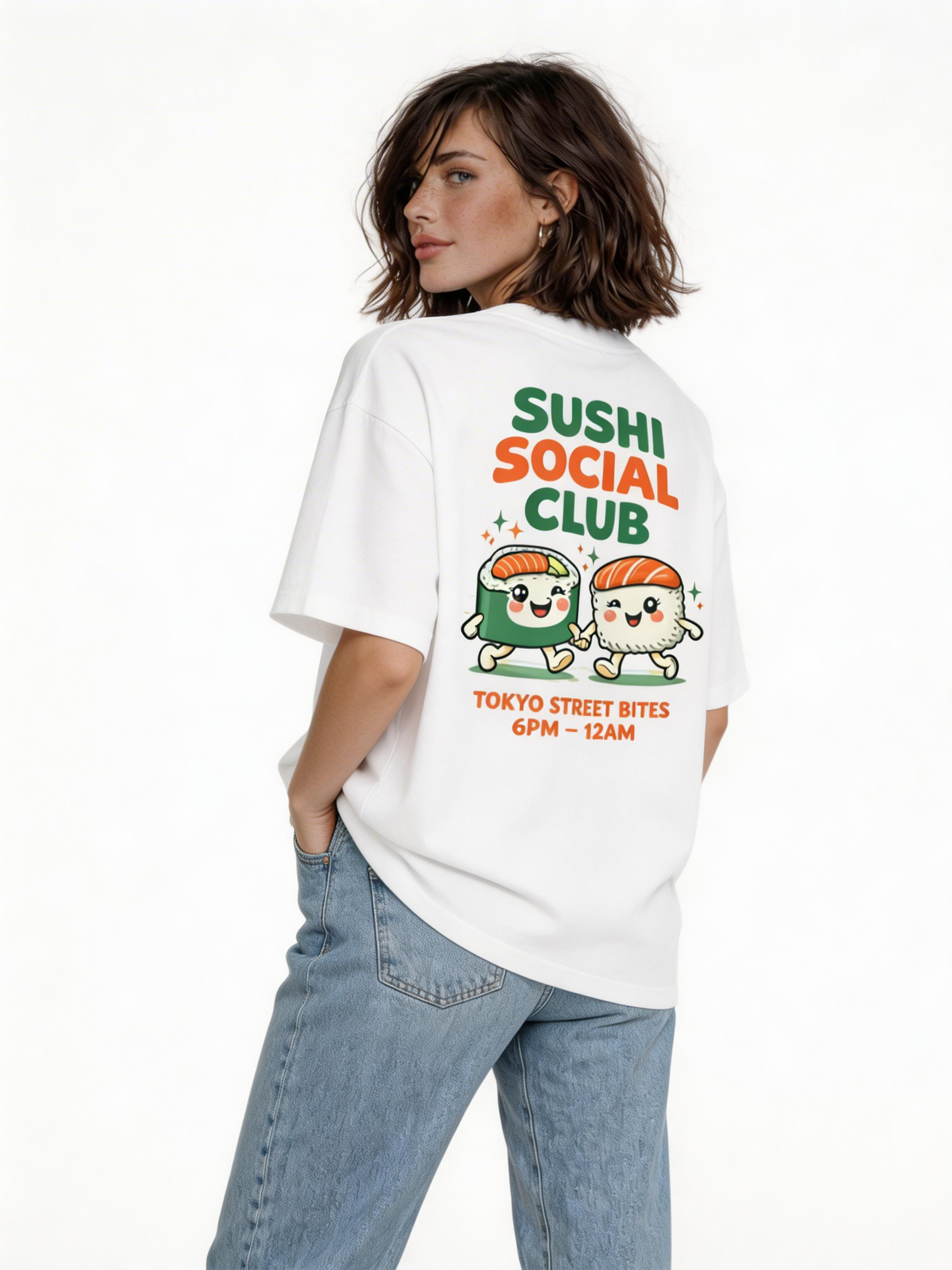 female model back view wearing oversized white graphic streetwear t shirt sushi social club kawaii sushi graphic streetwear fashion