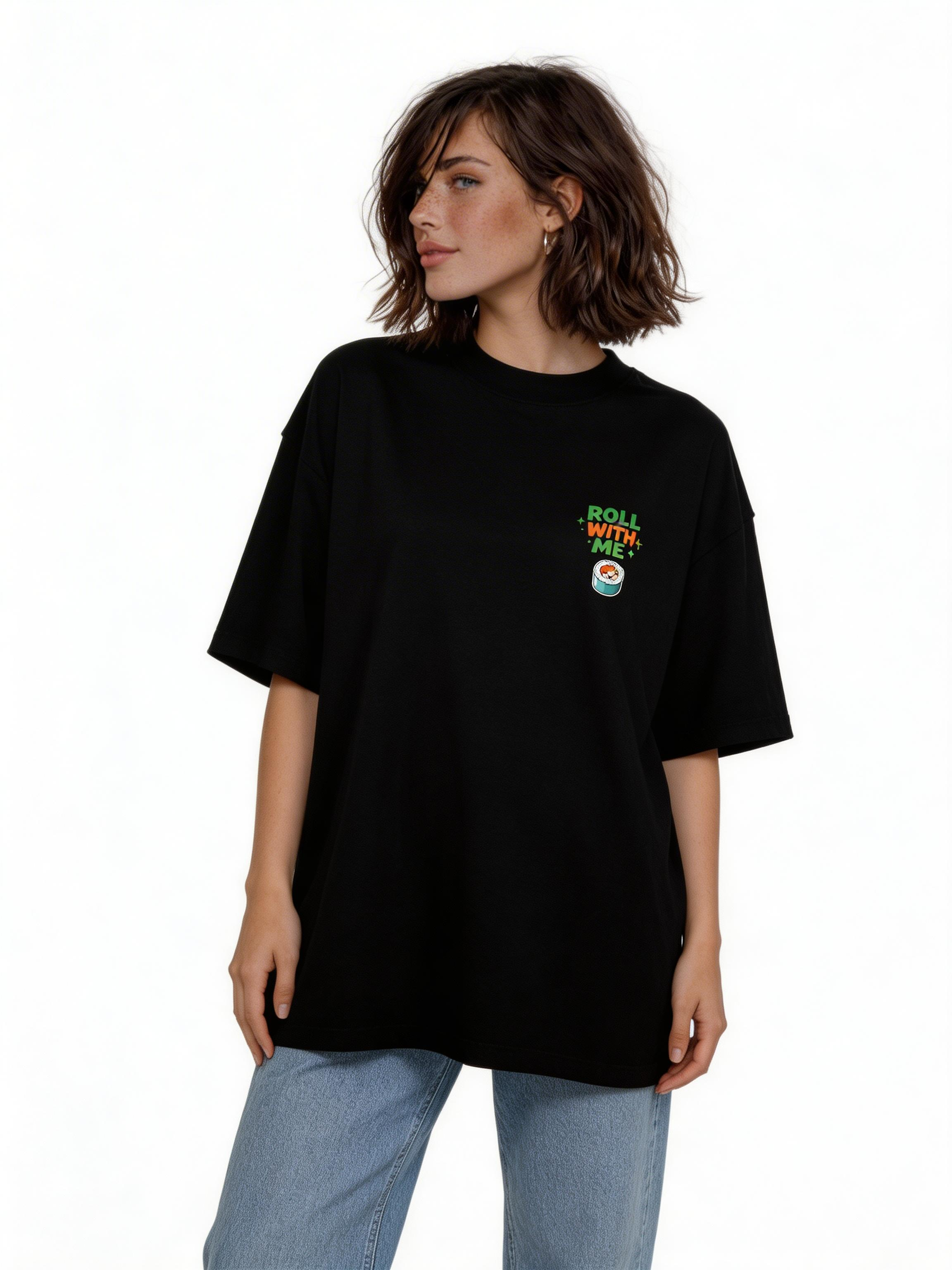 female model front view wearing oversized black graphic streetwear t shirt roll with me sushi design streetwear fashion