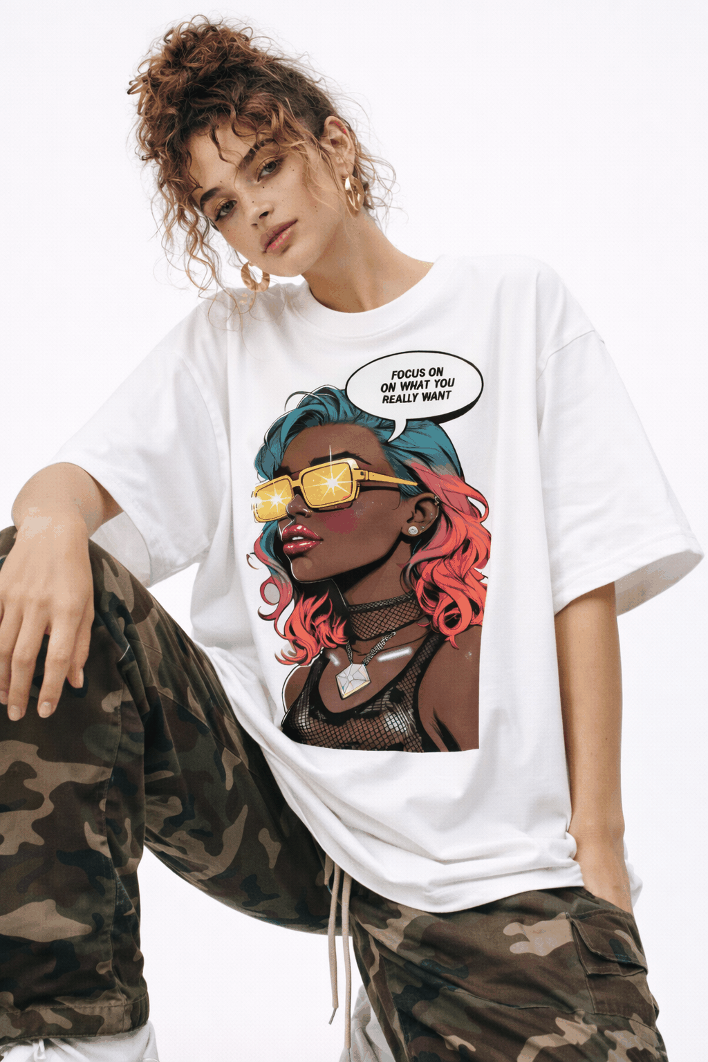 Oversized white graphic t-shirt with cyberpunk woman illustration modern women streetwear fashion