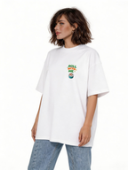 female model side view wearing oversized white graphic streetwear t shirt roll with me sushi design streetwear fashion