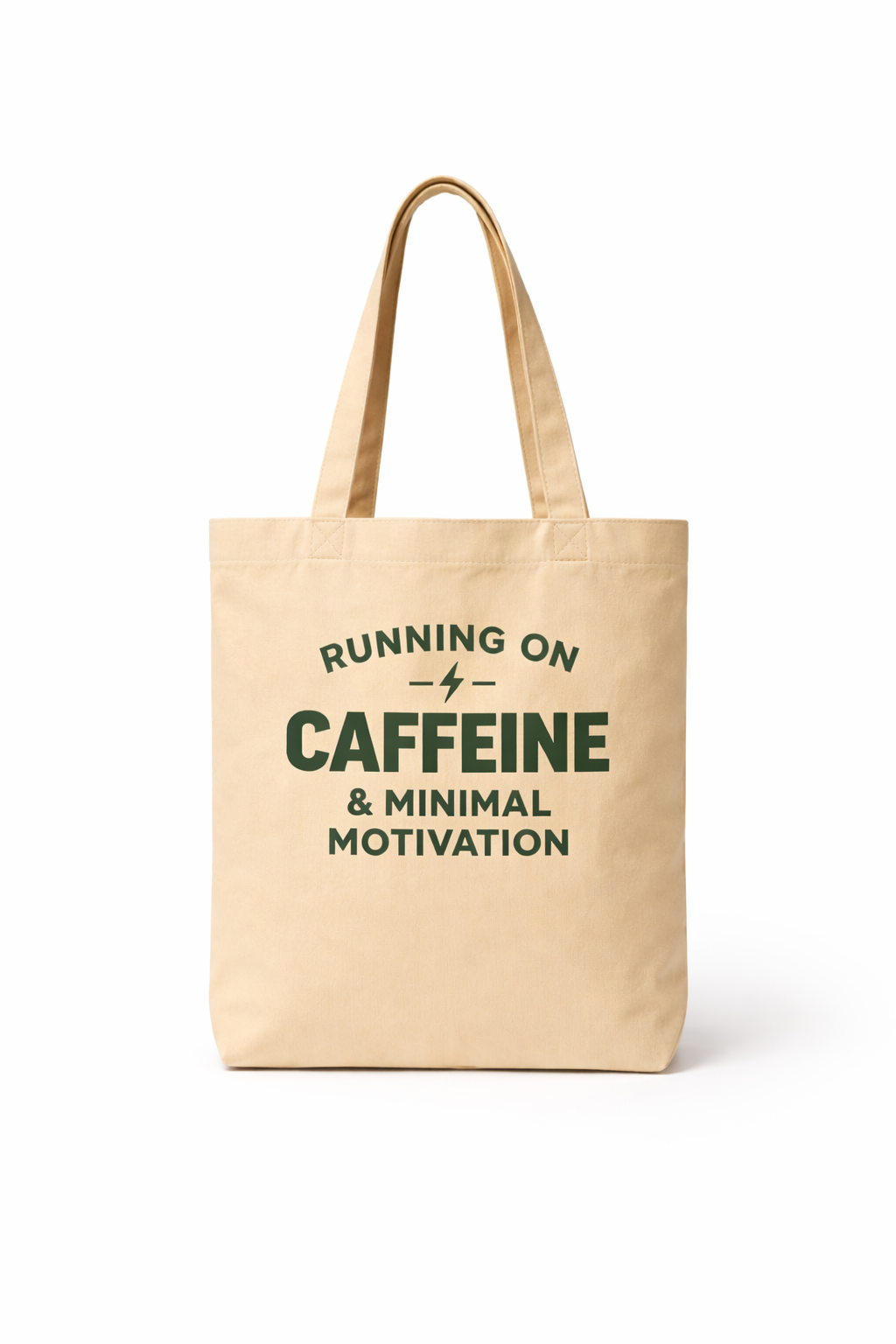 oyster canvas tote bag front view running on caffeine minimal motivation typography minimalist eco tote streetwear accessory
