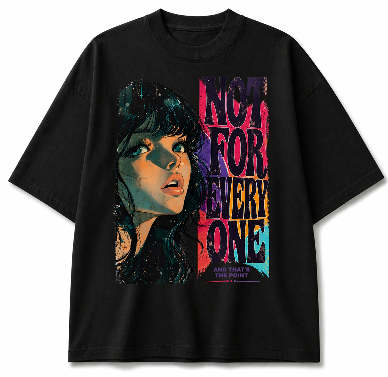 front view oversized black streetwear t-shirt not for everyone artwork urban streetwear outfit