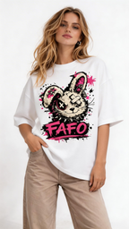 female model standing pose wearing oversized white graphic streetwear t shirt punk rabbit graffiti graphic streetwear fashion