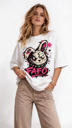 female model front pose wearing oversized white graphic streetwear t shirt punk rabbit graffiti design urban streetwear outfit