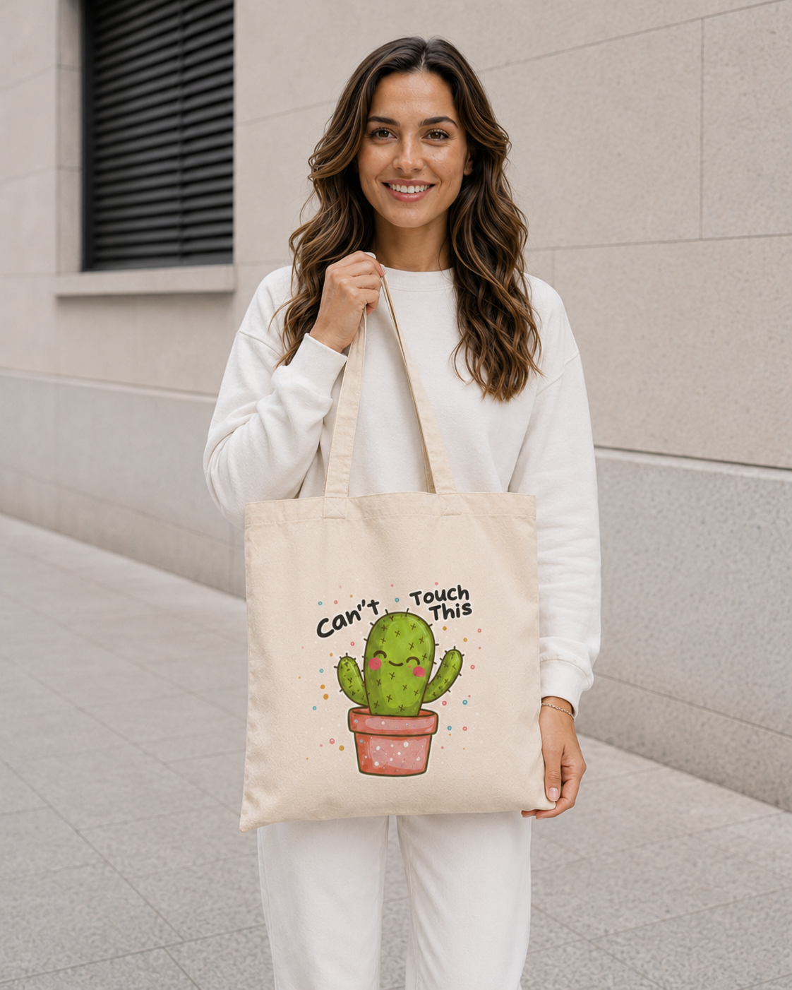 Woman carrying Nöiré cactus canvas tote bag, urban lifestyle outfit