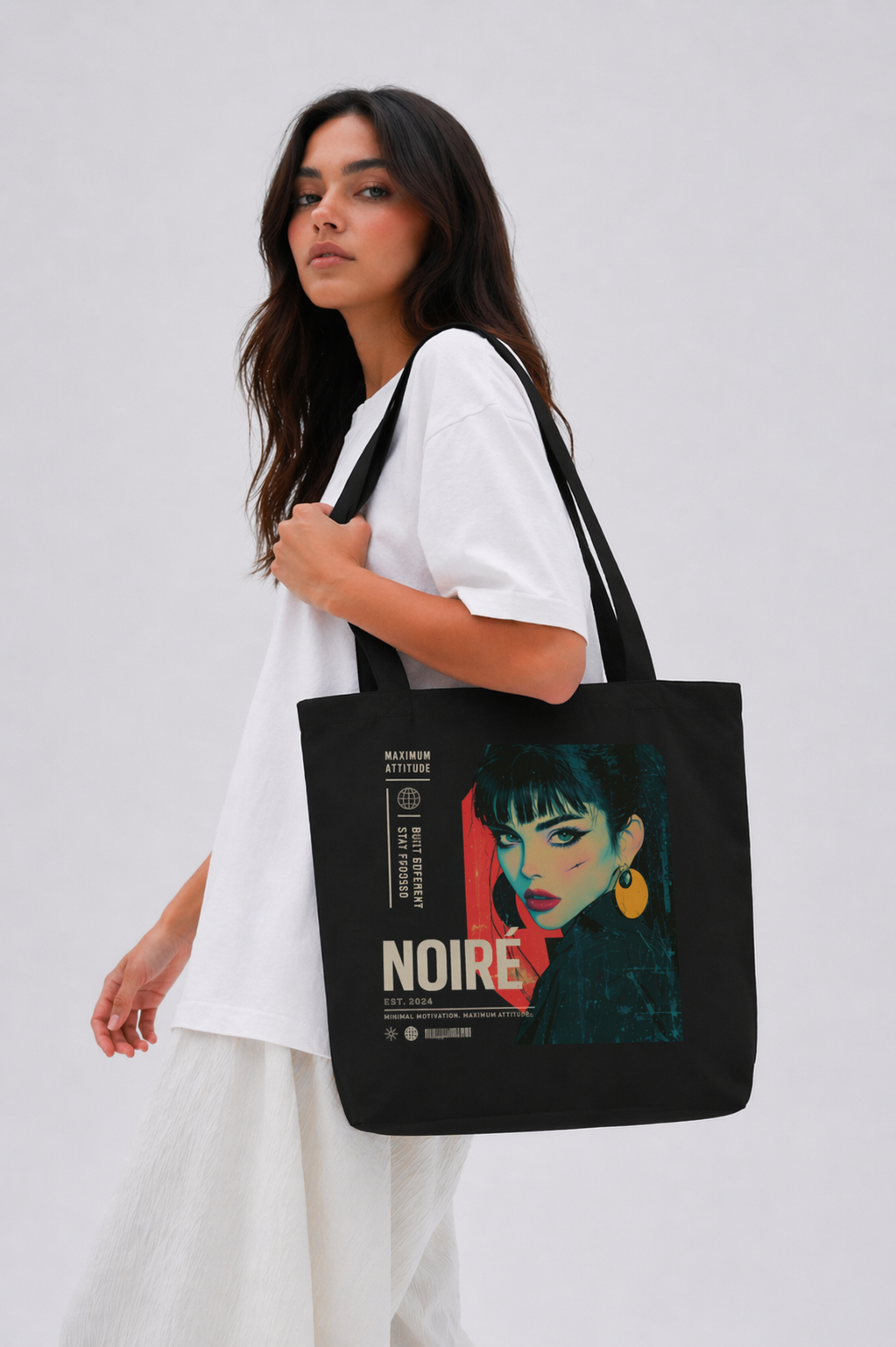 model walking angled view wearing oversized black tote bag anime noiré design streetwear fashion