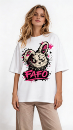 female model casual pose wearing oversized white graphic streetwear t shirt punk rabbit street art design urban streetwear outfit