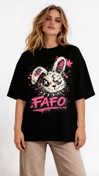 female model casual pose wearing oversized black graphic streetwear t shirt punk rabbit graffiti graphic streetwear fashion