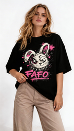 female model casual pose wearing oversized black graphic streetwear t shirt punk rabbit graffiti graphic streetwear fashion