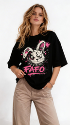 female model standing pose wearing oversized black graphic streetwear t shirt punk rabbit graffiti design streetwear fashion