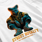 close up oversized white graphic t shirt flat lay with futuristic street royalty animal artwork and orange typography graphic streetwear