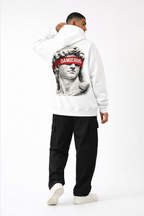 White streetwear hoodie back view with large  statue graphic and red “DANGEROUS” blindfold design, men’s urban fashion look