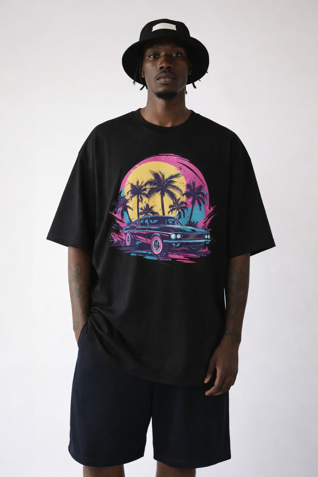 Sunset Palm Retro Car T-Shirt
