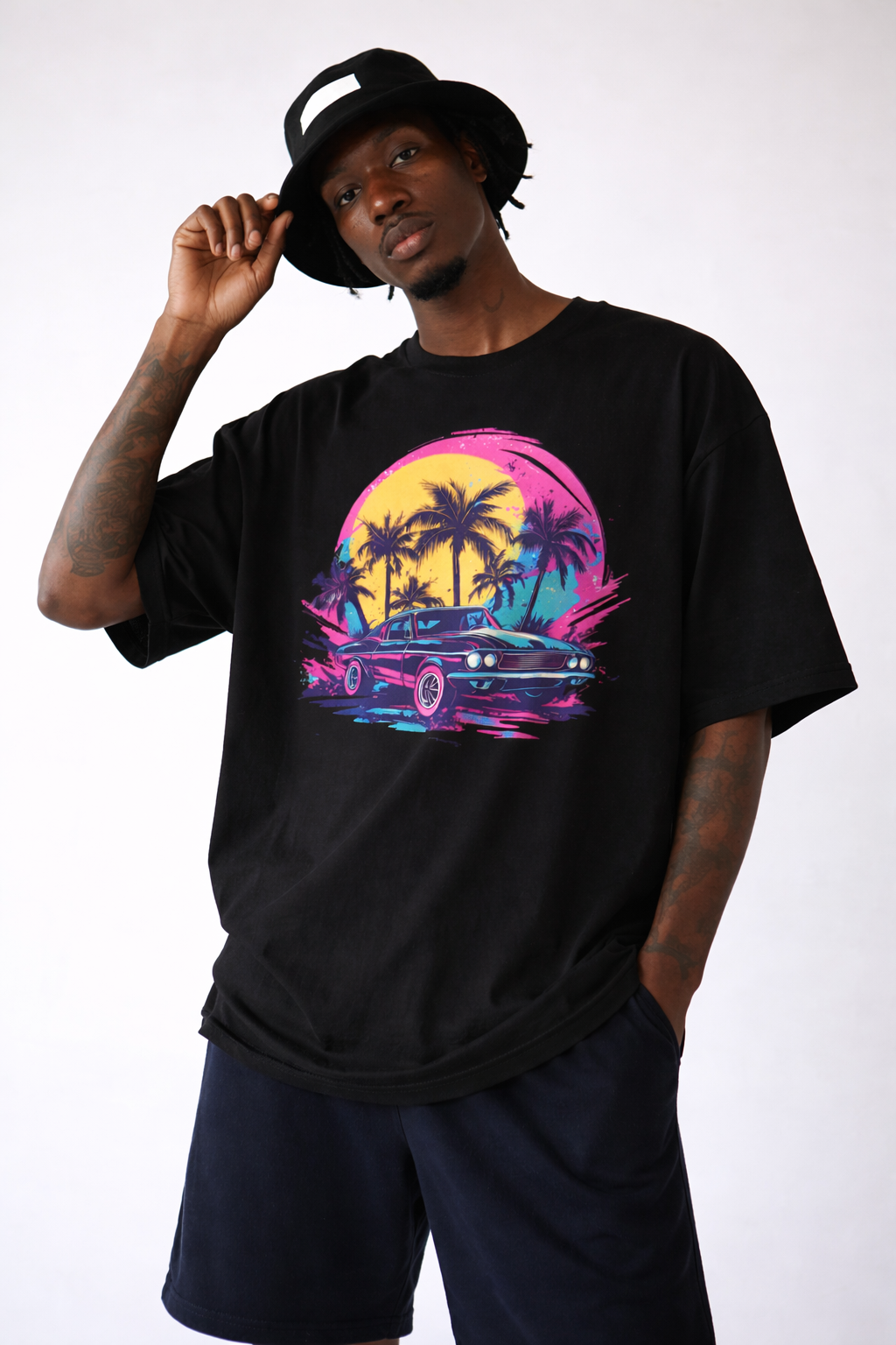 Sunset Palm Retro Car T-Shirt