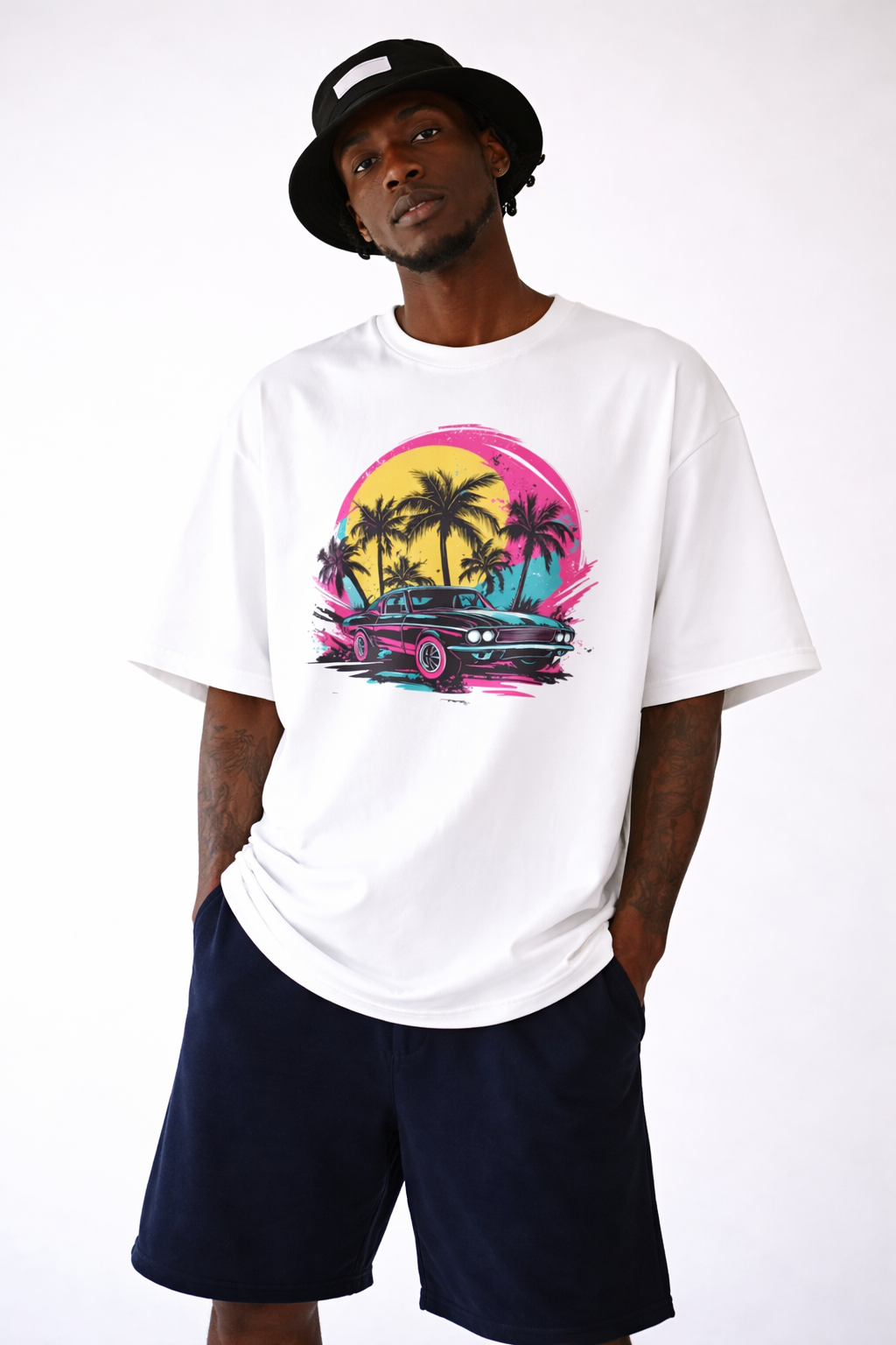 Sunset Palm Retro Car T-Shirt