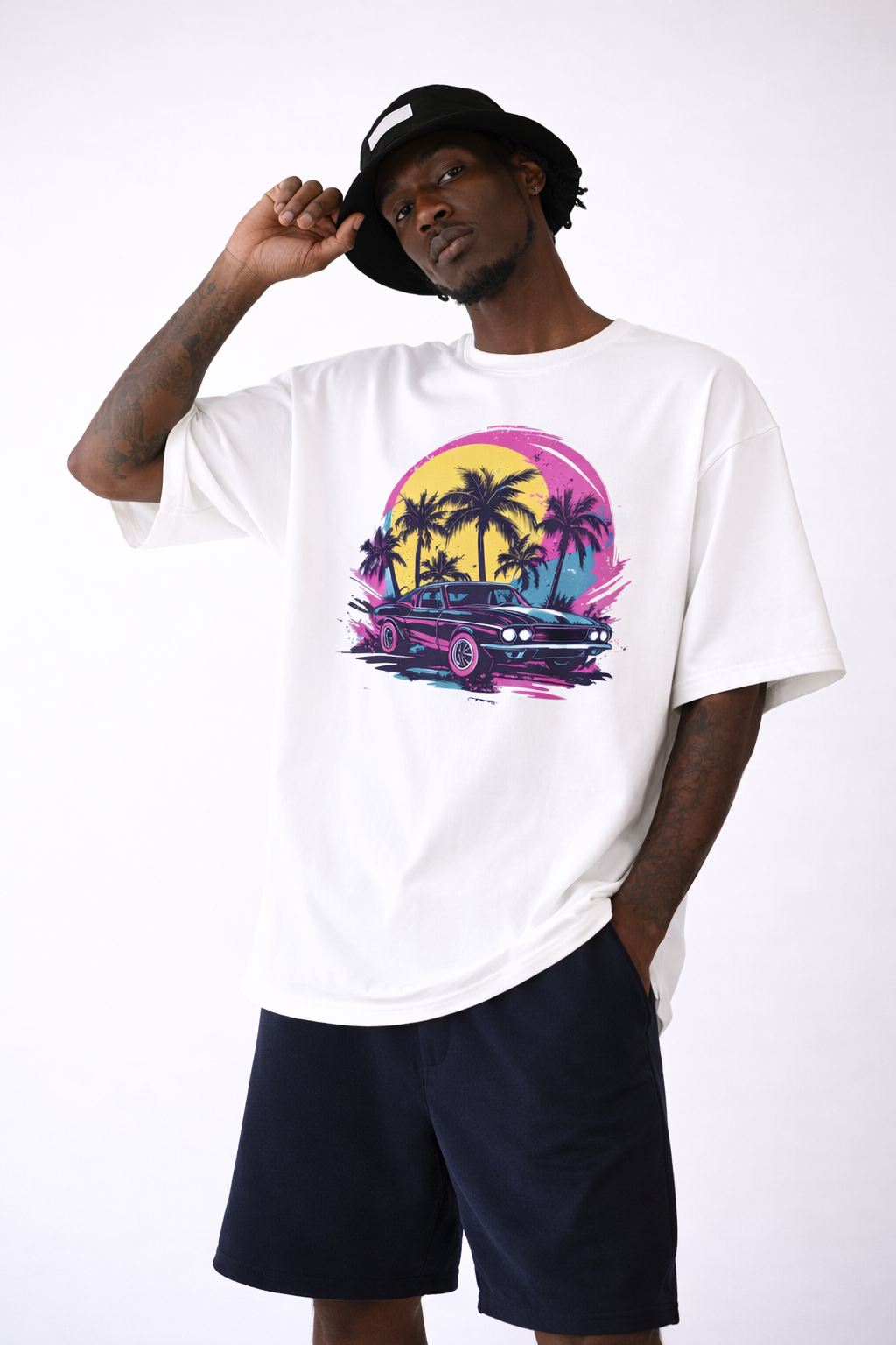 Sunset Palm Retro Car T-Shirt