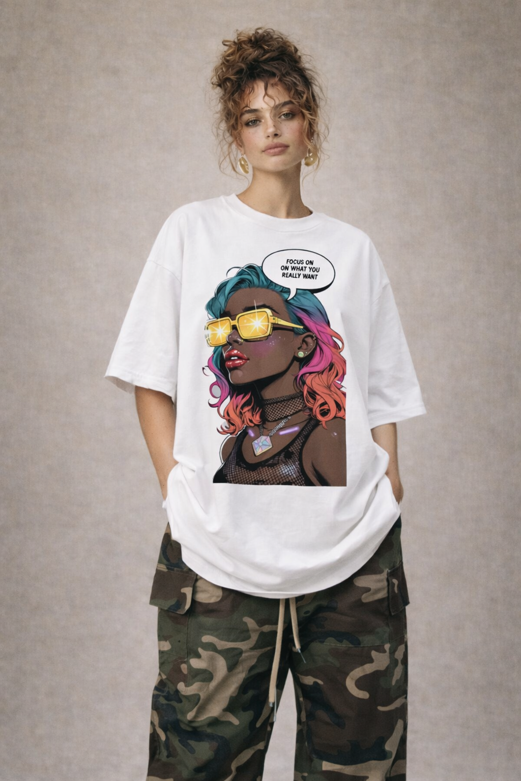 Female model in oversized white graphic streetwear t-shirt featuring cyberpunk portrait illustration urban fashion style