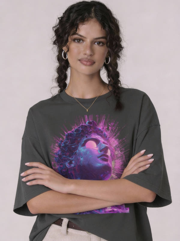 model wearing dark gray oversized unisex t-shirt front view with neon purple and pink female portrait graphic art
