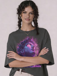 model wearing dark gray oversized unisex t-shirt front view with neon purple and pink female portrait graphic art
