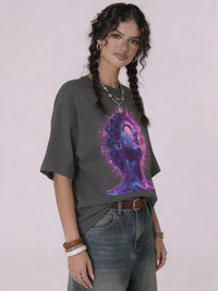 model wearing dark gray oversized unisex t-shirt front view with neon purple and pink female portrait graphic art
