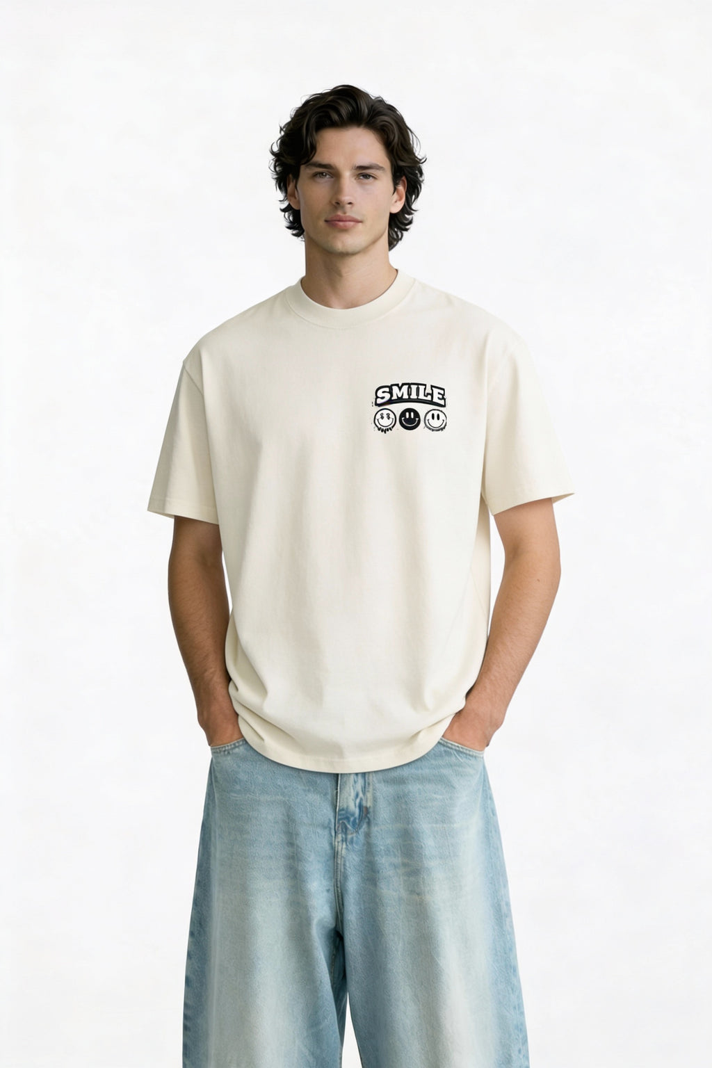 Model wearing beige t-shirt with small “Smile” chest graphic, casual modern streetwear outfit by Noiré.