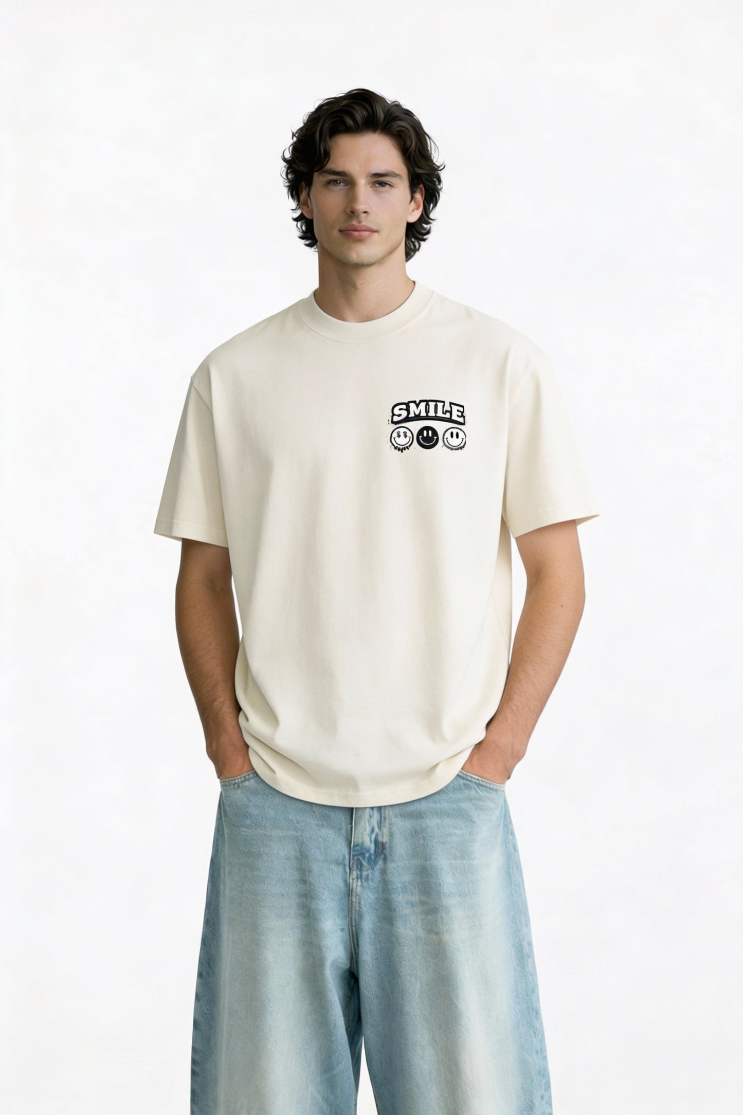 Model wearing beige t-shirt with small “Smile” chest graphic, casual modern streetwear outfit by Noiré.