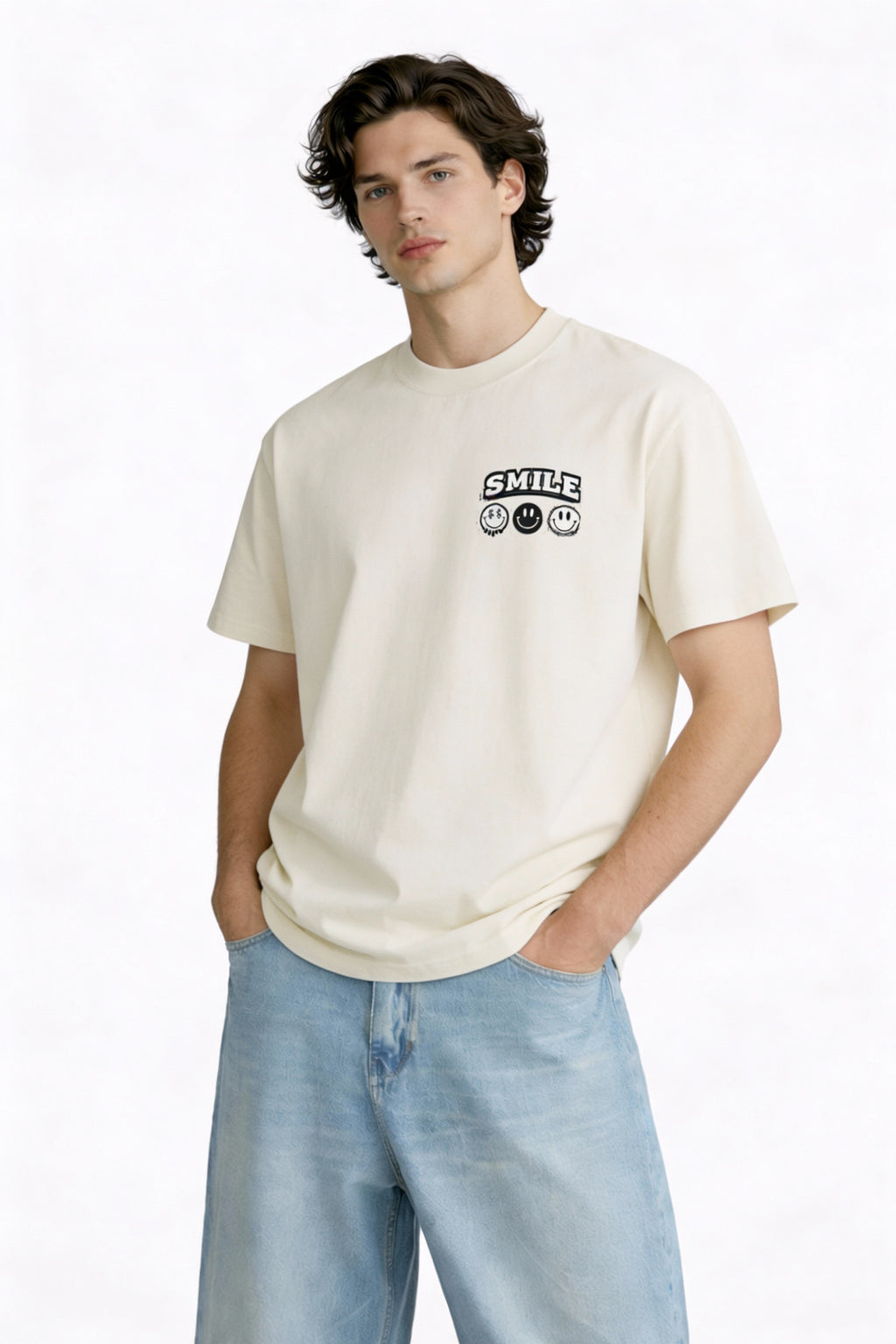 Model wearing beige t-shirt with small “Smile” chest graphic, casual modern streetwear outfit by Noiré.