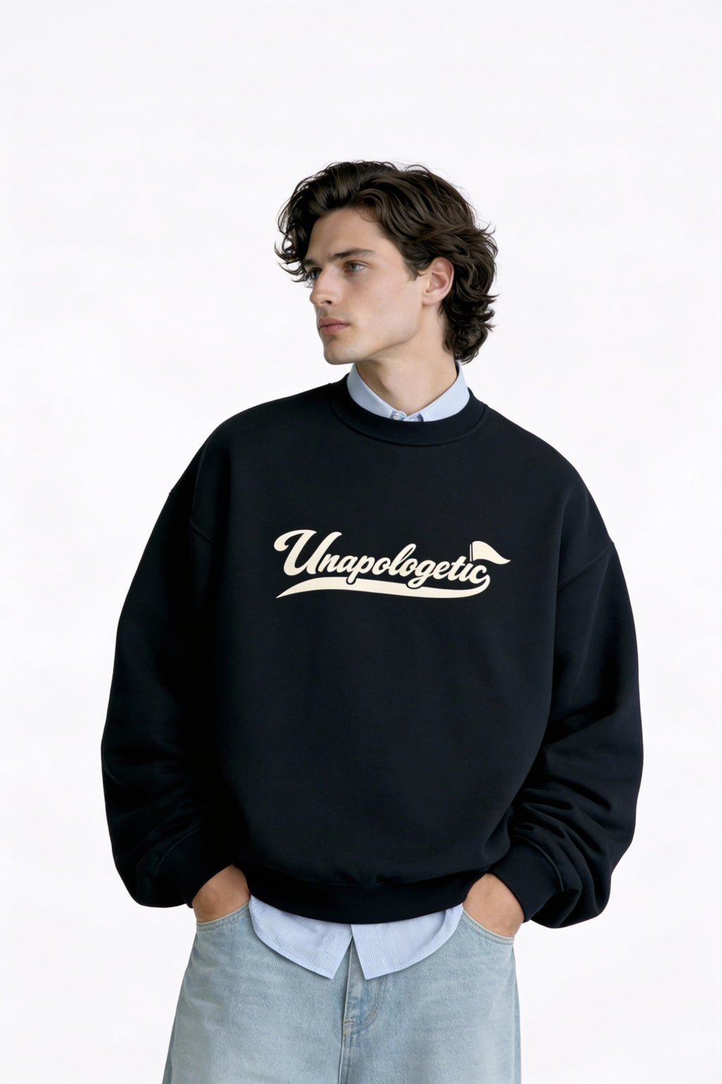 Noiré Unapologetic black sweatshirt front close-up, oversized fit, premium streetwear aesthetic