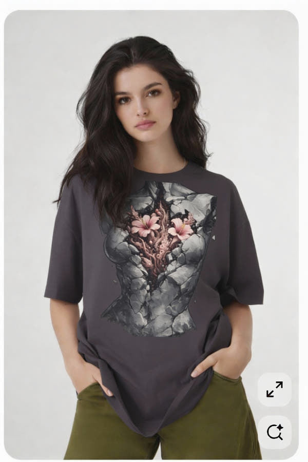 Model wearing dark grey t-shirt with anatomical heart illustration, relaxed creative streetwear outfit by Noiré.