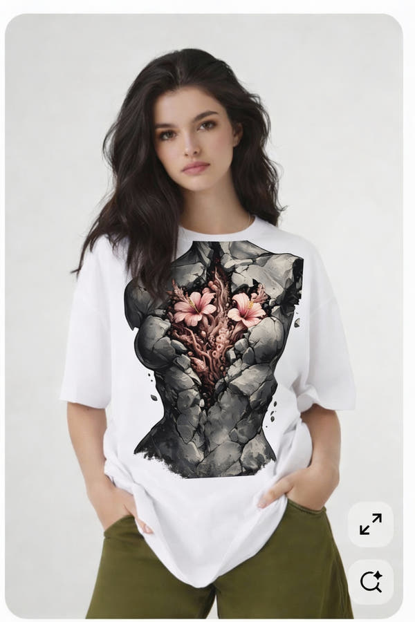 Model wearing white t-shirt with anatomical heart illustration, oversized urban streetwear look by Noiré.
