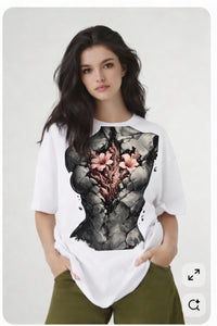 Model wearing white t-shirt with anatomical heart illustration, oversized urban streetwear look by Noiré.