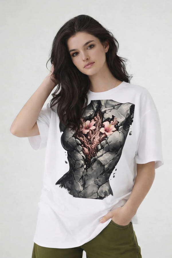Model wearing white t-shirt with anatomical heart illustration, oversized urban streetwear look by Noiré.