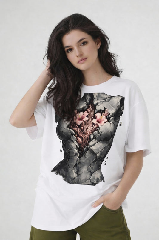 Model wearing white t-shirt with anatomical heart illustration, oversized urban streetwear look by Noiré.