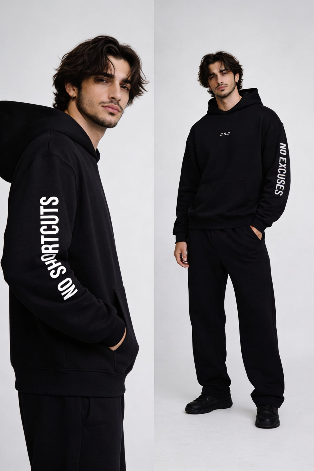 Noiré black oversized hoodie on male model, side and full body view, motivational sleeve print “No Shortcuts / No Excuses” – modern urban streetwear set