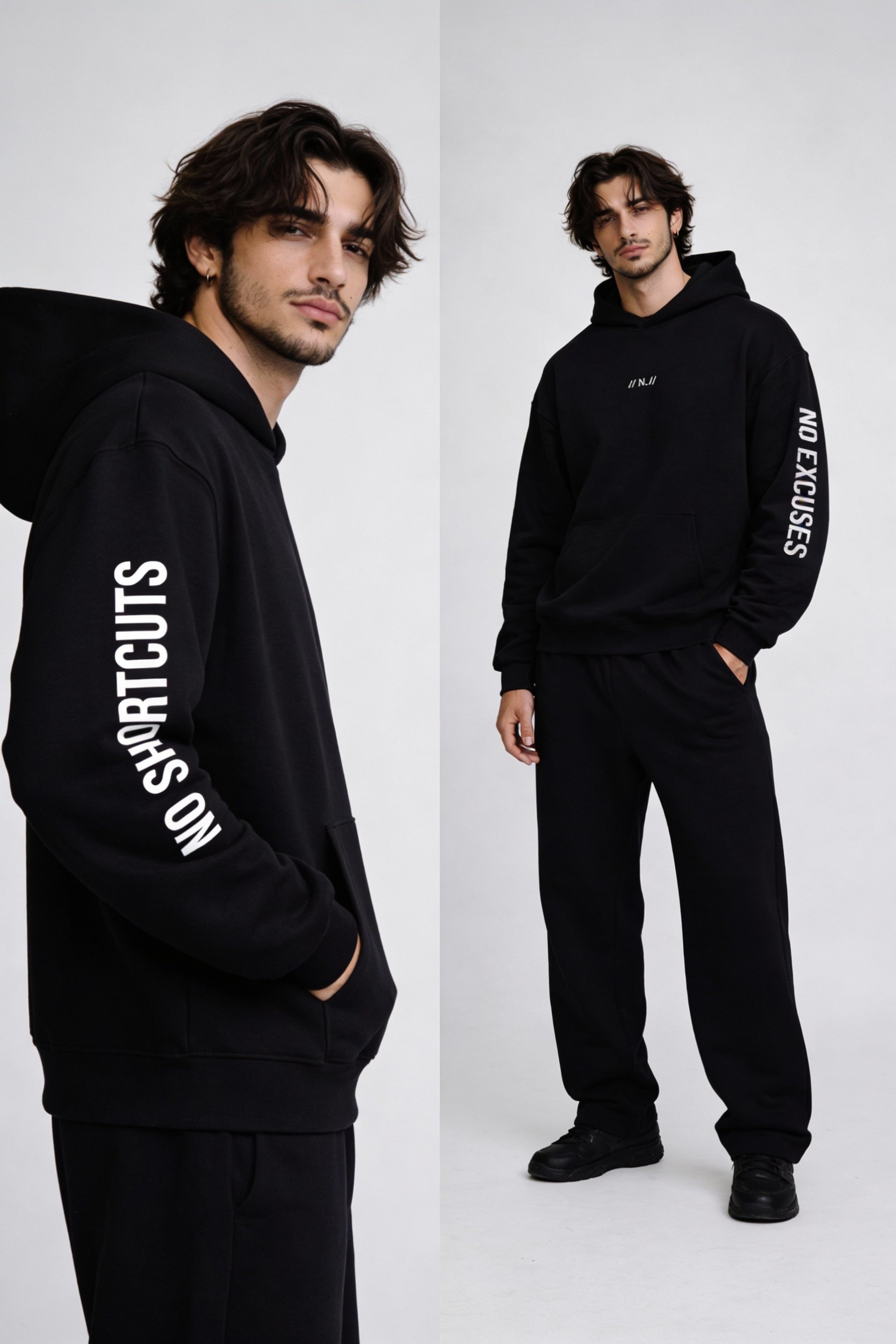 Noiré black oversized hoodie on male model, side and full body view, motivational sleeve print “No Shortcuts / No Excuses” – modern urban streetwear set