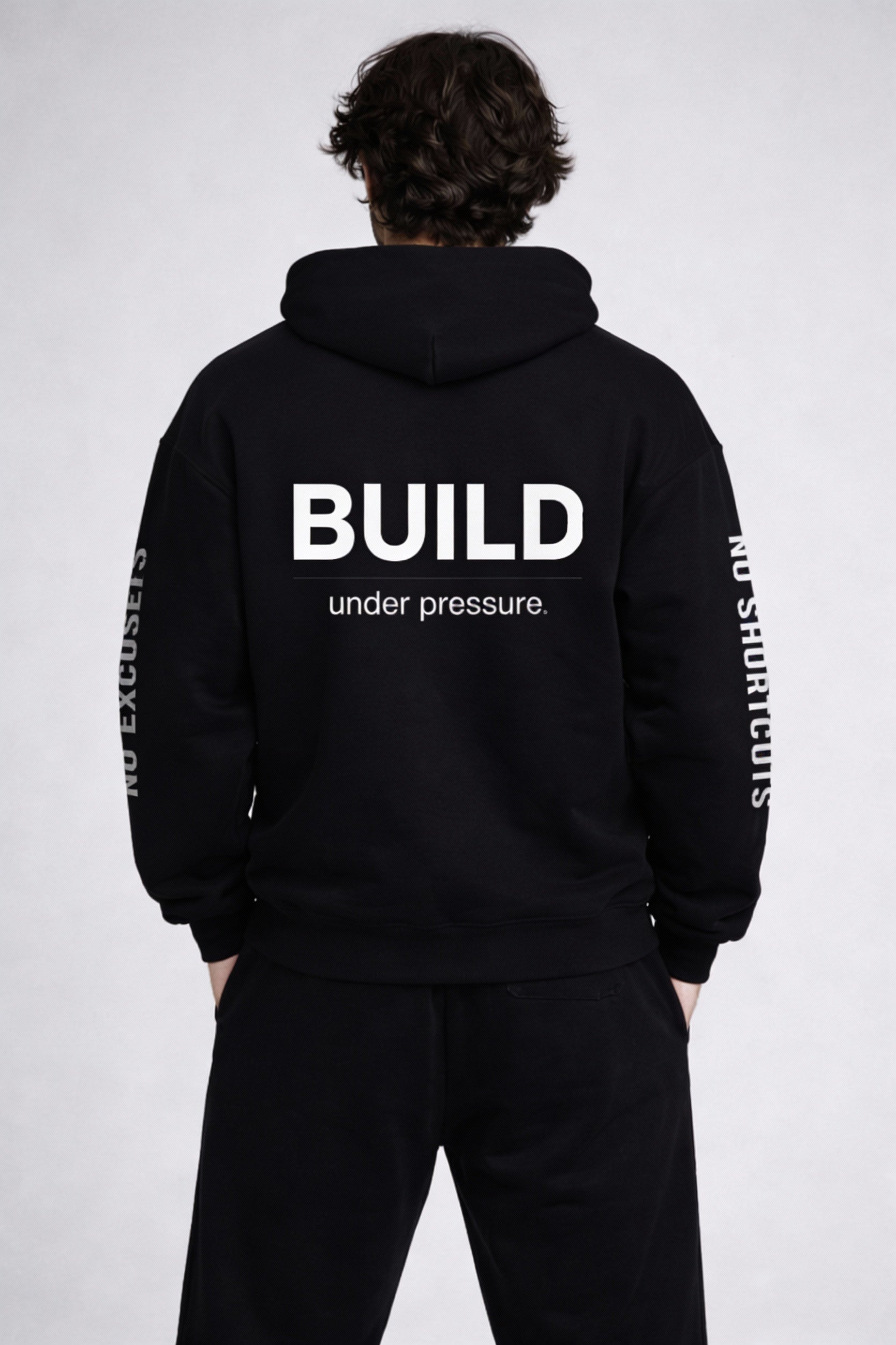 Noiré black oversized hoodie back full view with large “BUILD under pressure.” print and statement sleeves – premium men’s streetwear pullover