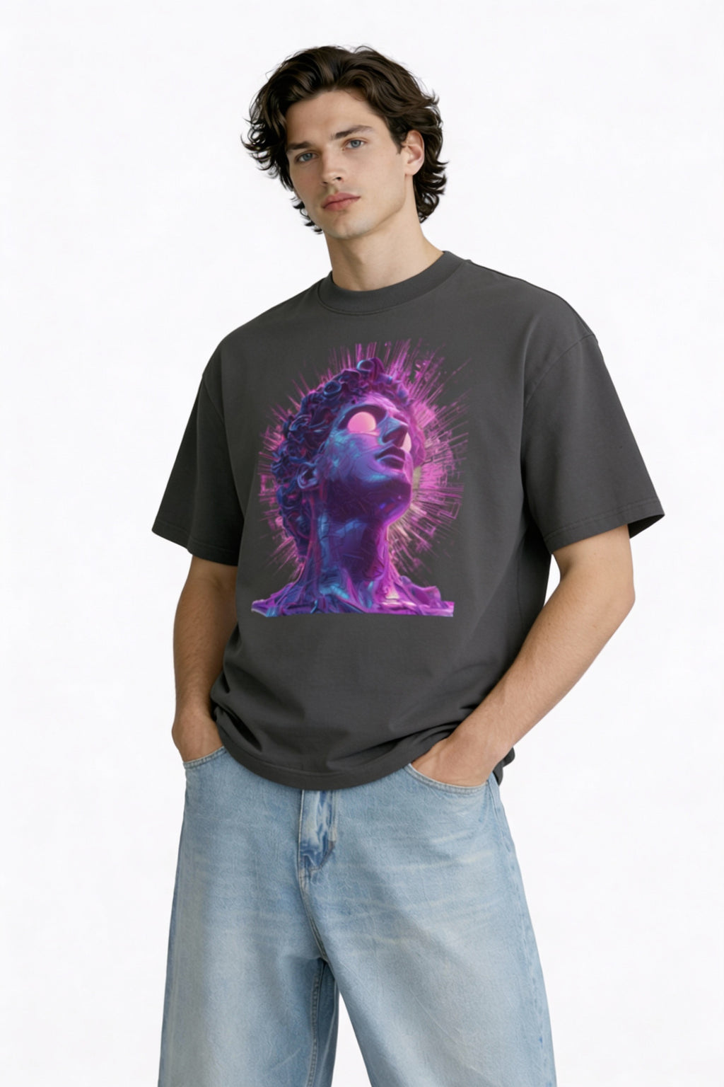 Male model wearing oversized dark grey t-shirt featuring a vibrant neon portrait graphic on the chest, modern streetwear style by Noiré.