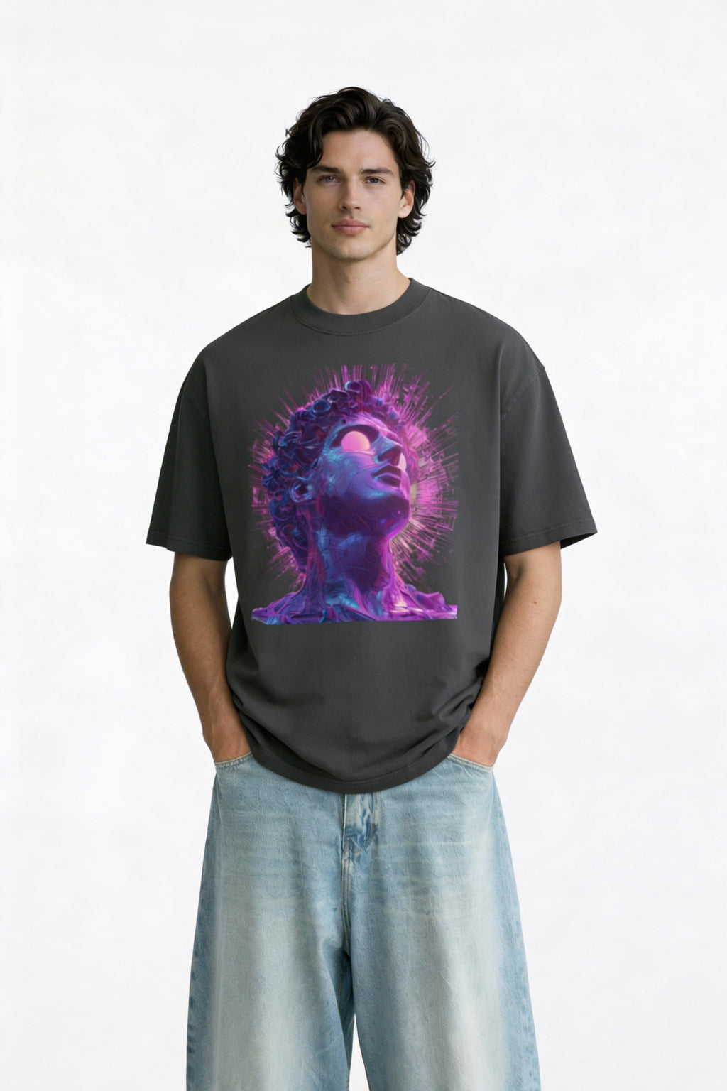 Male model wearing oversized dark grey t-shirt featuring a vibrant neon portrait graphic on the chest, modern streetwear style by Noiré.