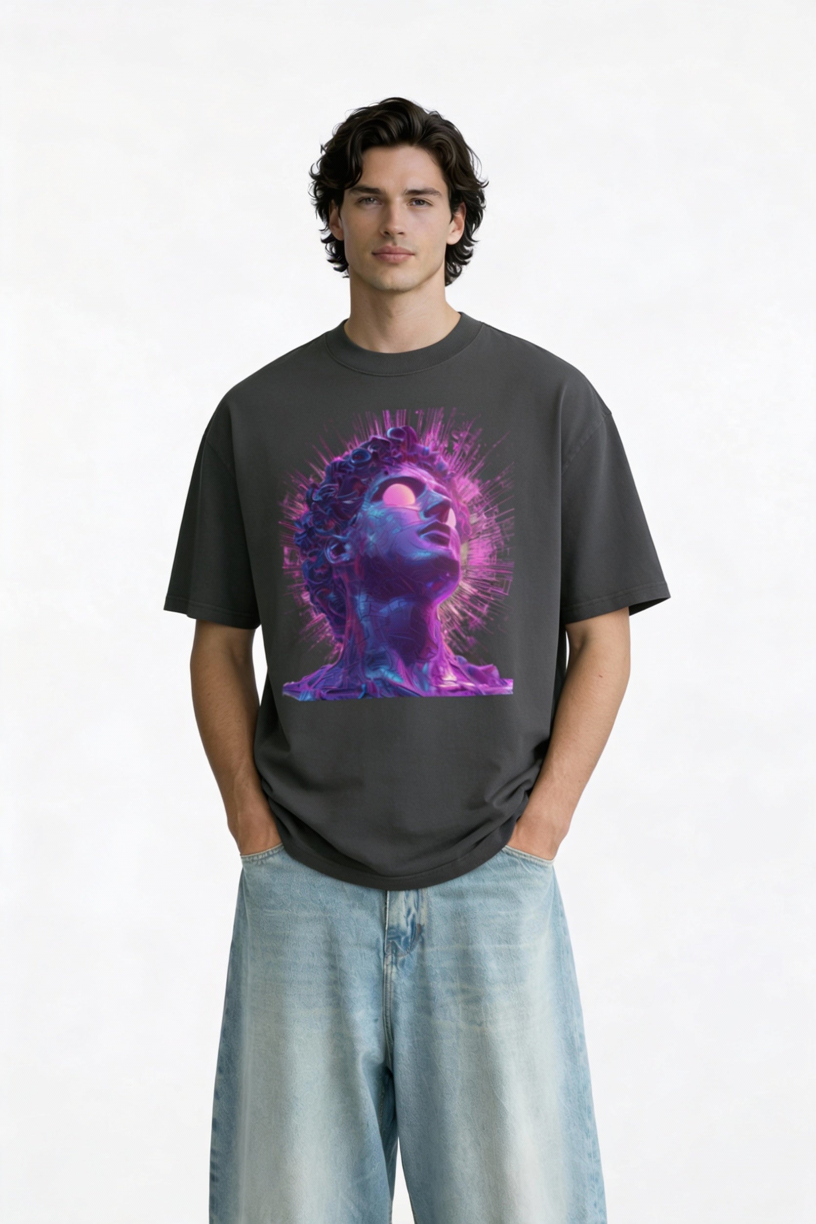 Male model wearing oversized dark grey t-shirt featuring a vibrant neon portrait graphic on the chest, modern streetwear style by Noiré.