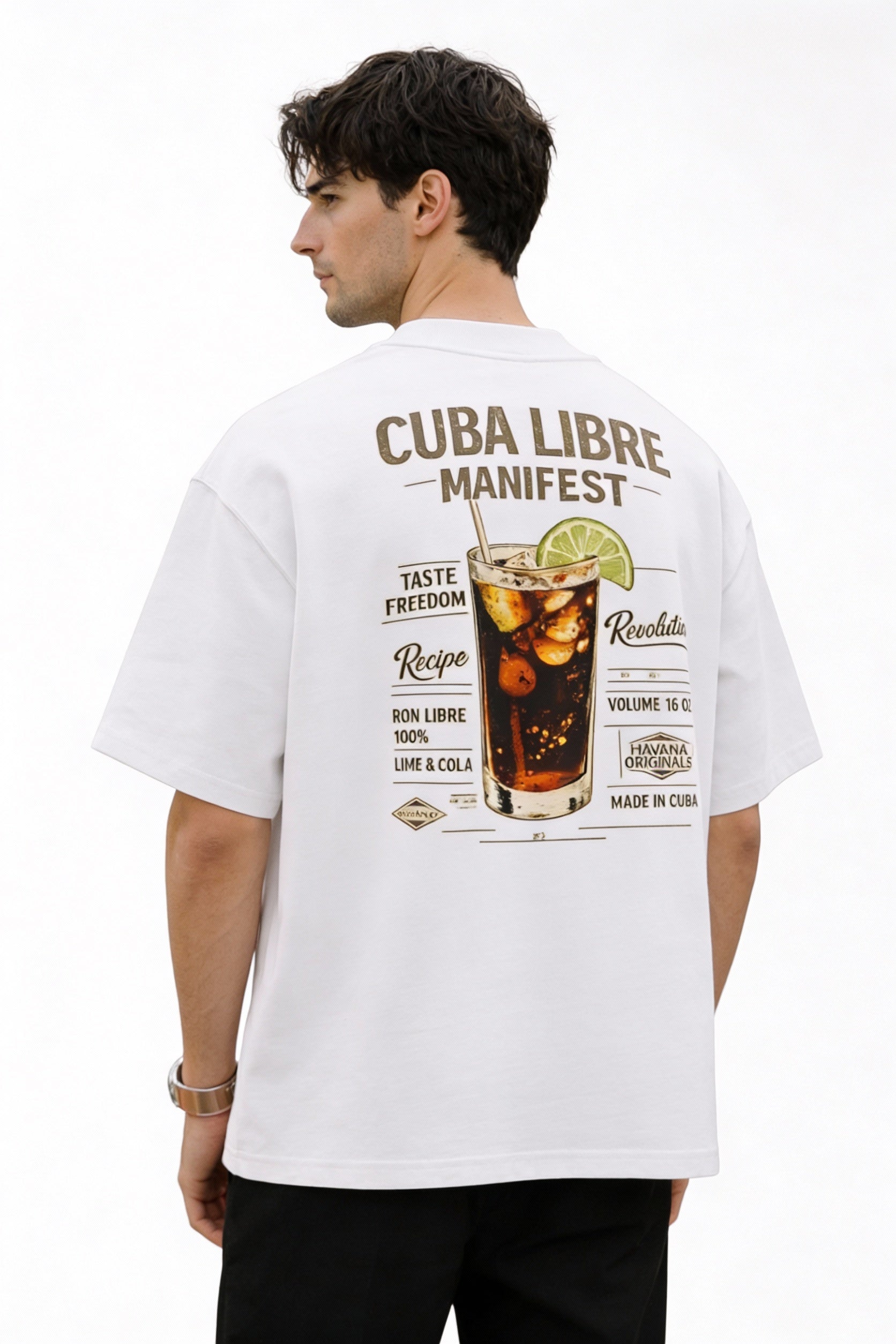 Back view of white oversized T-shirt with bold “Cuba Libre Manifest” drink illustration and typography graphic, modern unisex streetwear design.