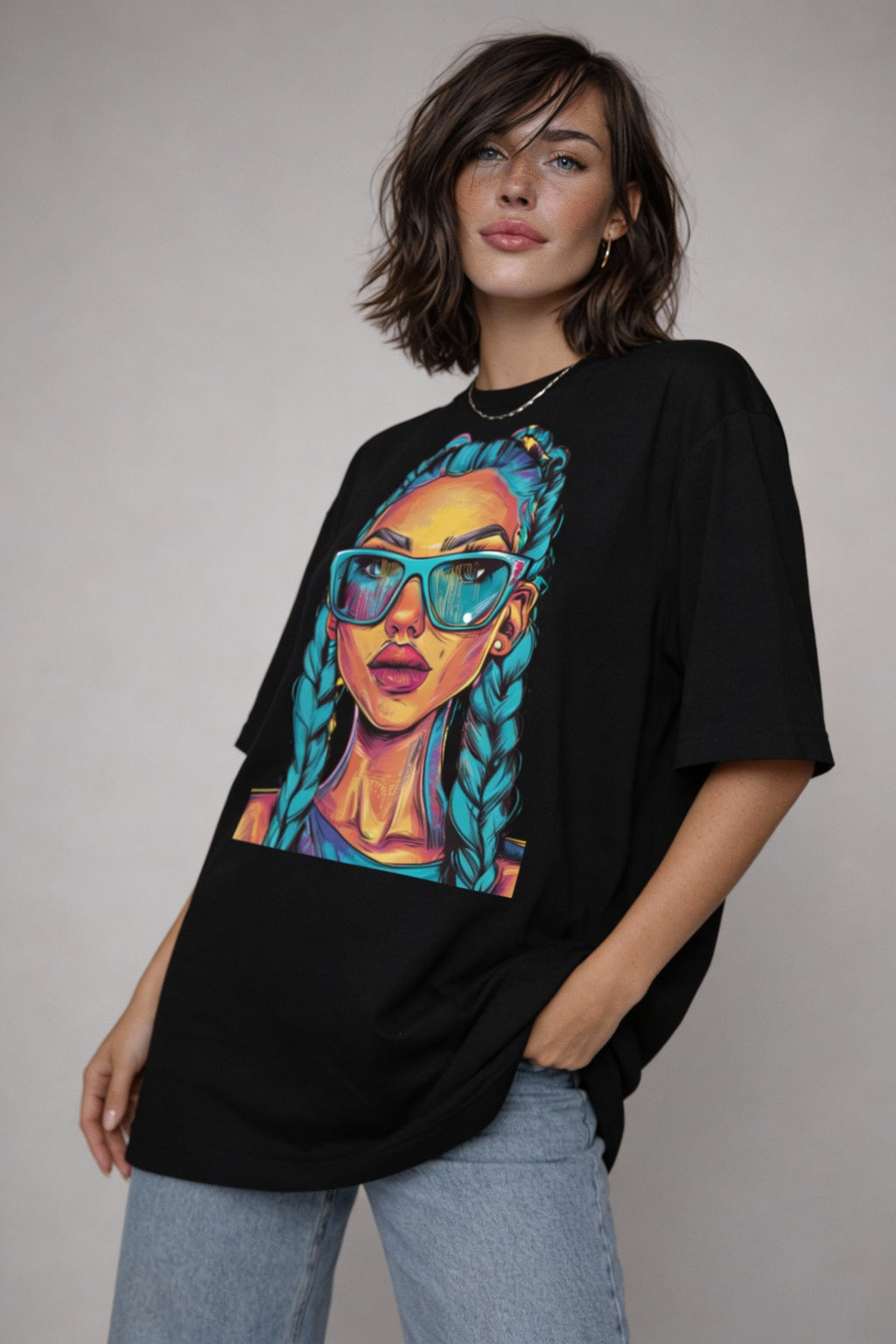 Woman wearing oversized black graphic T-shirt with colorful pop art portrait print on front, relaxed streetwear fit, studio background