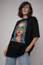 Model styling black Nöiré oversized graphic t-shirt, front view