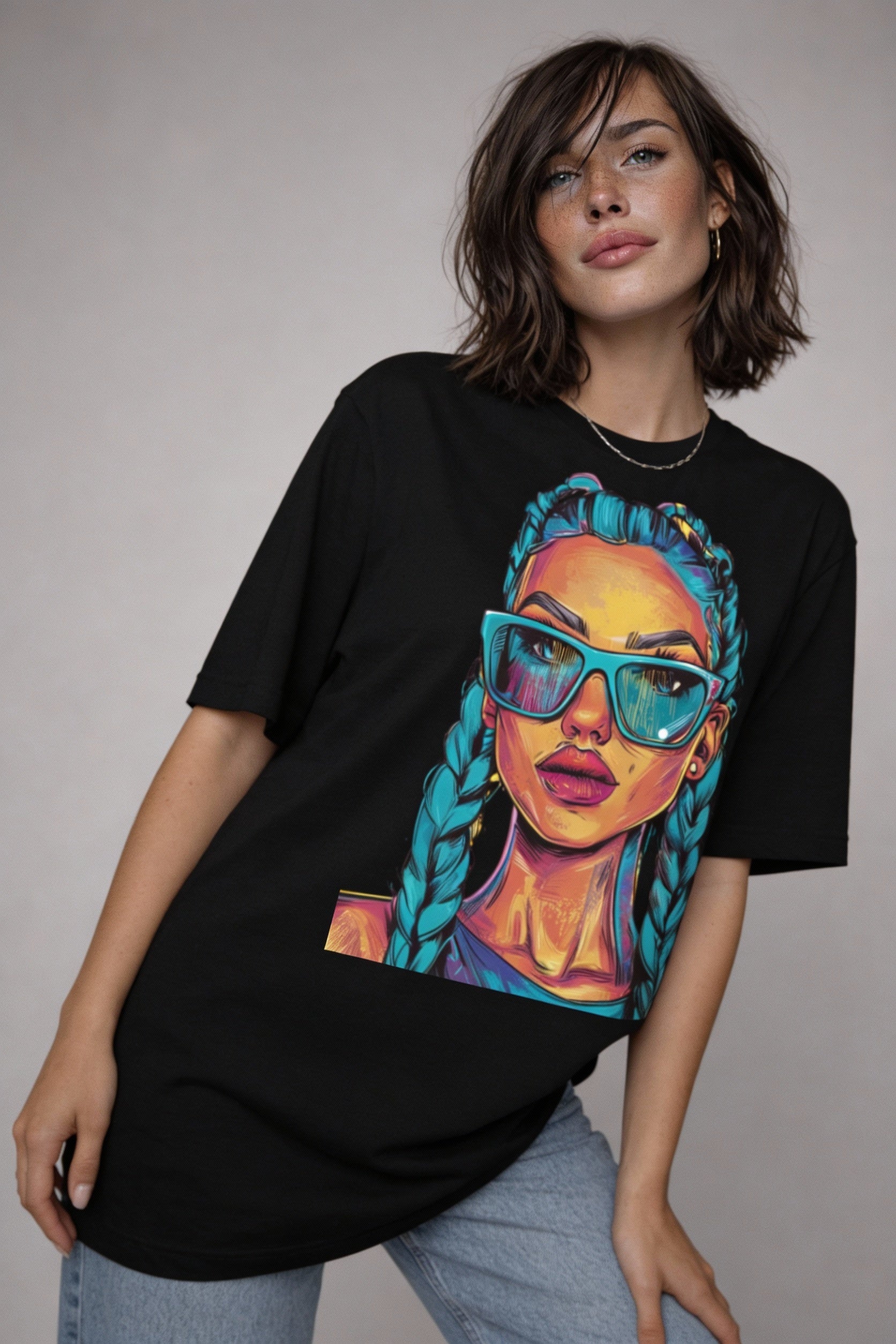 Female model styling black oversized streetwear T-shirt featuring vibrant neon pop art face illustration, everyday urban outfit