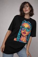 Model wearing black Nöiré graphic t-shirt with colorful portrait, front view
