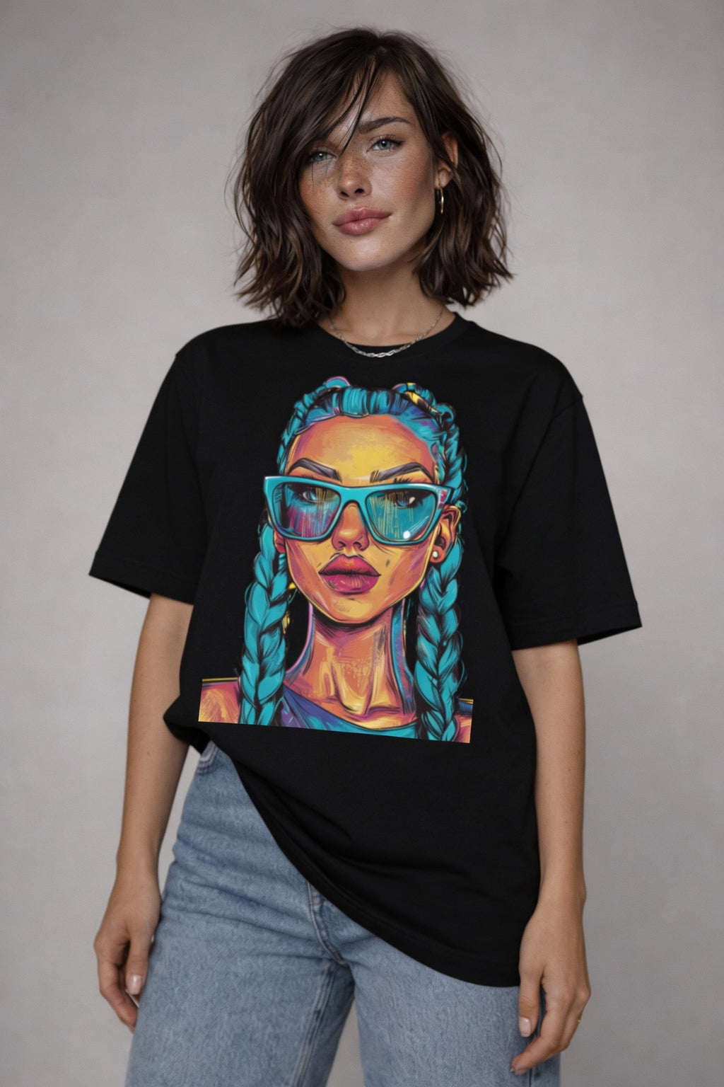 Angled view of woman wearing black unisex graphic tee with bold multicolor portrait design, loose fit street fashion look