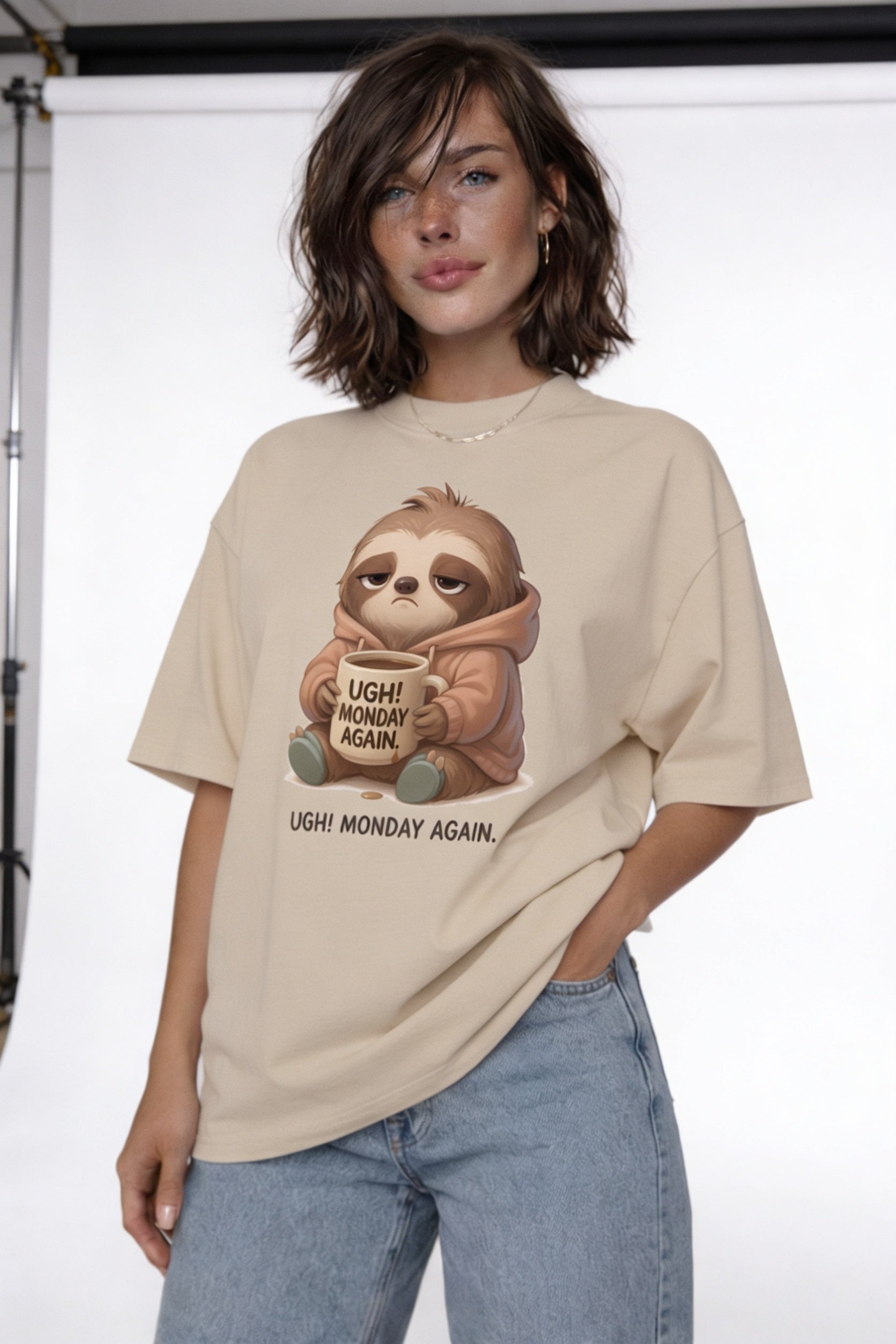 Woman wearing beige oversized casual t-shirt with cute sloth coffee monday graphic, relaxed everyday outfit